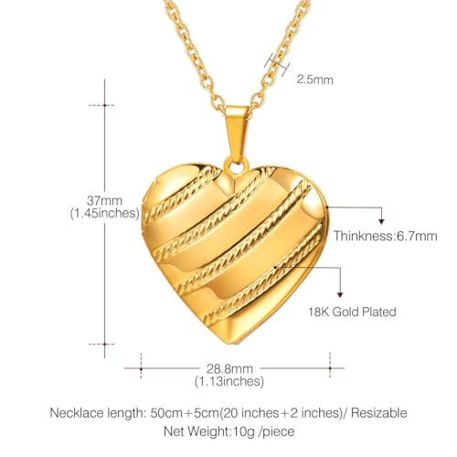 U7 Women Locket Necklace Platinum 14K Gold Photo Lockets that Hold Picture,Chain 20 Inch Personalized Gift Custom Love Heart Image Necklaces - color: 05# Gold Stripe