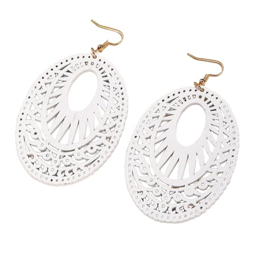 Boho Wooden Cutout Dangle Earrings for Women Bohemian Teardrop Oval Hollow Floral Pattern Drop Earrings Colorful Lightweight Statement Party Jewelry - color: White