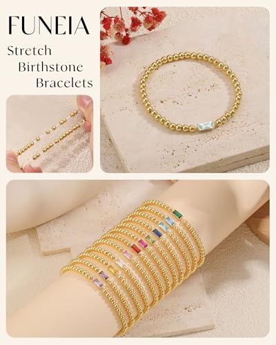 FUNEIA Birthstone Gold Beaded Bracelets for Women Non Tarnish Trendy Dainty 14K Gold Plated Cute Stackable Bead Stretch Friendship Bracelet Stack for Best Friend Couples Birthday Gifts Jewelry - color: 03. March(Aquamarine Bracelet), size: 7.5 Inches
