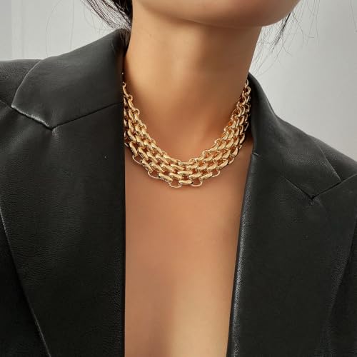 Layered Chain Necklace, Gold Tone Metal, Chunky Link Statement Choker, Punk Style Collar Necklace with Adjustable Clasp - color: silvery