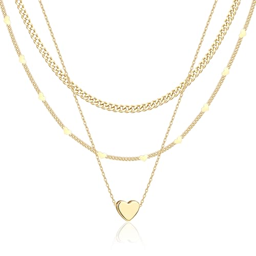WomenGifts Layered Gold Necklaces for Women, 14K Gold Sterling Silver Plated Dainty Pendant Necklace Set Non Tarnish, Chunky Stackable Cuban Chain Choker, Trendy Birthstone Vacation Jewelry Gift - color: Gold, style: Heart Trio