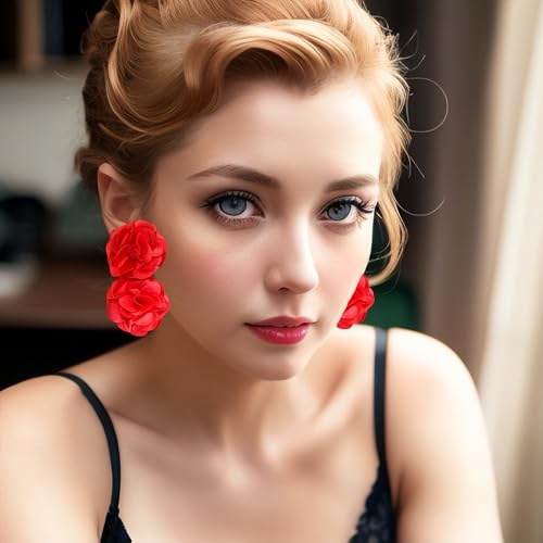 Oversized Fabric Flower Earrings for Women Statement Boho Chic Dangle Drop Earrings for Parties Weddings or Everyday Wear - color: Red