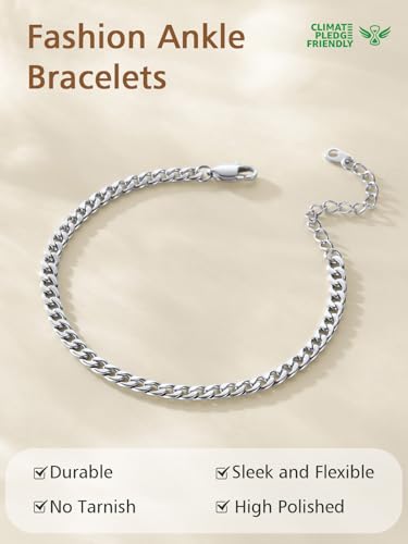 FindChic Stainless Steel Ankle Bracelets for Women, Waterproof Figaro/Cuban/Box/Beaded Chain Anklets, Summer Beach Foot Jewelry, 8.5''-10.5'' Adjustable Length, with Gift Box - style: Cuban Chain-Silver