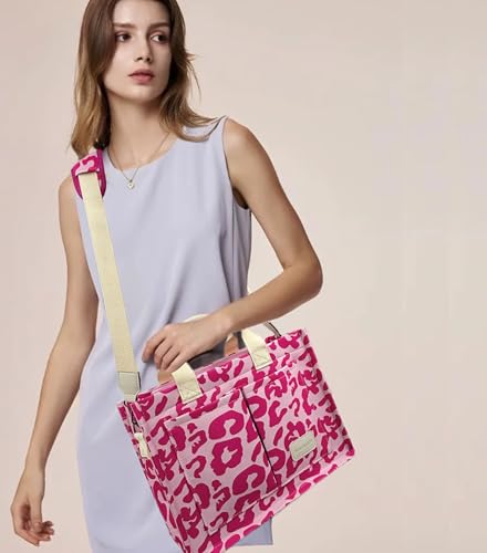 Large Canvas Tote Bag for Women Work Tote Bags with Pockets Laptop Crossbody Purses Everyday Bag Handbags for Travel - color: New Upgrade Plus Leopard Pink