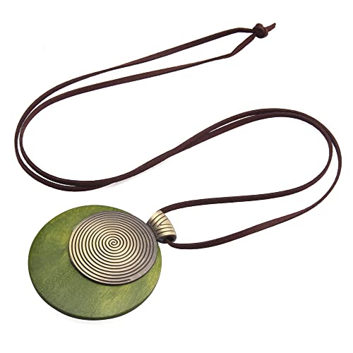 Bohemian Women's Leather Long Pendant Necklace Sweater necklace Adjustable Retro Woven Handmade Jewelry - color: Green Wood