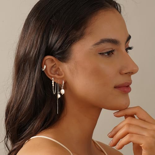 Pearl Earrings for Women, Gold Plated Huggie Hoop Drop Earrings | Hypoallergenic pearl hoop earrings designed for multiple piercings, cartilage styling and everyday wear - style: 4 pearl chain earring set-SL