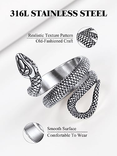 Stainless Steel/18K Gold Plated/Black Snake Ring for Men Women Size 7-12 Serpent Reptile Rings Punk Gothic Jewelry(with Gift Box) - color: 01-Steel