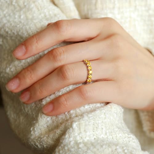 3.5mm Stackable Rings S925 Sterling Silver Created Birthstone & Cubic Zirconia Ring for Women Wedding Bands Anniversary Birthday Jewelry Size 6 to 10(with Box) - color: 11-Created Citrine-Nov