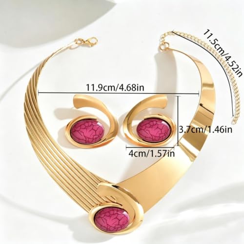 Gold Jewelry Set Chunky Gold Necklace Earring Set for Women Boho Oval Acrylic Earring Necklace Western Adjustable Choker Necklaces Bohemian Jewelry Set For Women - color: RoseRed
