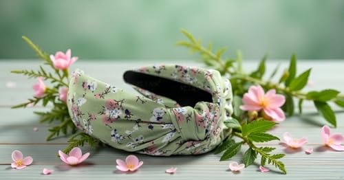 Fall Headbands for Women Satin Pastal Green Bloom Floral, Warable All Day, Colorful Autumn Flower Head band, Silk Feel, Womens Knotted Headband Fashion Designer Top Knot Girls Hair - color: Pastal Green
