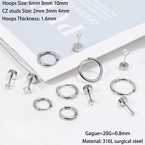 Dainty 6 Pairs Surgical Steel Earrings Sets for Multiple Piercing, Lightweight 14K Gold Plated Small Huggie Hoop Earrings, Flat Back Tiny Ball CZ Stud Earrings for Cartilage, Helix, Lobe, Hypoallergenic - style: Silver- Huggie Hoops and CZ Studs