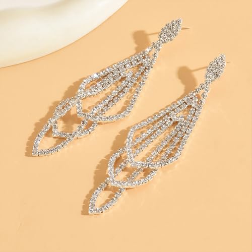 Sparkly Silver Crystal Dangly Earrings for Women Trendy, Statement Cubic Zirconia Drop Dangle Earring Long Rhinestone Tassel Party Prom Ear Jewelry Gift - color: Silver