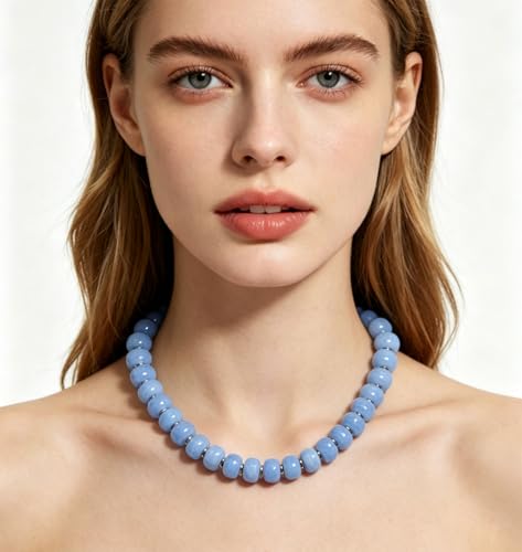 Chunky Colorful Beaded Necklaces for Women Big Bead Boho Choker Necklace Trendy Heart Statement Necklace Summer Beach Jewelry Mothers Day Gifts for Mom Daughter - color: Round Sky-blue Beads
