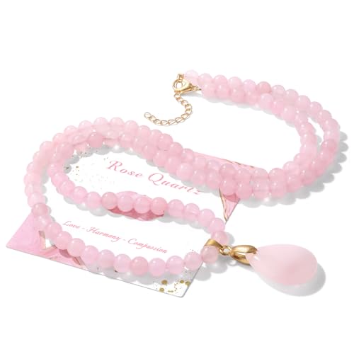 Healing Crystal Necklaces for Women Trendy Natural Stone Beaded Long Pendant Necklaces for Womens Handmade Bohemian Fashion Necklace Jewelry Gift - color: Rose Quartz