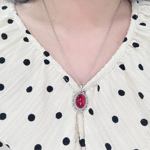 Vintage Oval Red Gemstone Pendant Antique Necklace for Women Goth Y2k Choker Punk Victorian Gothic Statement Crystal Cameo Oxidized Pewter Frame Charm Retro Clavicle Chain Halloween Party Jewelry 20'' - color: Red