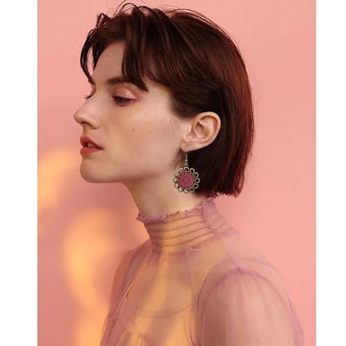 Bohemian Lightweight Vintage Copper Enamel Flower Hollow Dangle Drop Earrings Handmade Retro Circle Floral Hook Earrings For WomenJewelry Gifts - color: Rose Red