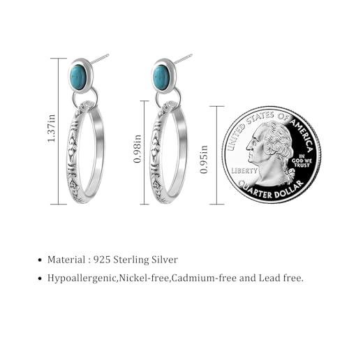 Natural Turquoise Gemstone Birthstone Stud Earrings with Circle Dangle Hoop Earrings Boho style for Vintage Western Jewelry - color: Silver and Blue