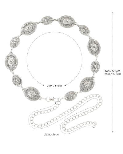 AWAYTR Chain Belt for Women – Adjustable Boho Metal Waist Chain Belt Gold Sliver for Dresses Jeans Country Concert Outfit - color: Sliver-mixed Oval