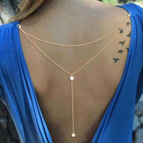 Eyraevor Rhinestone Backdrop Necklace for Backless Dress Back Necklace Crystal Wedding Bridal Back Dainty Chain Body Jewelry (Gold)