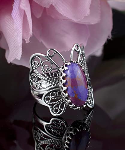 Filigranist Sterling Silver Filigree Art Butterfly Women Cocktail Ring with Gemstones - color: Mojave Turquoise