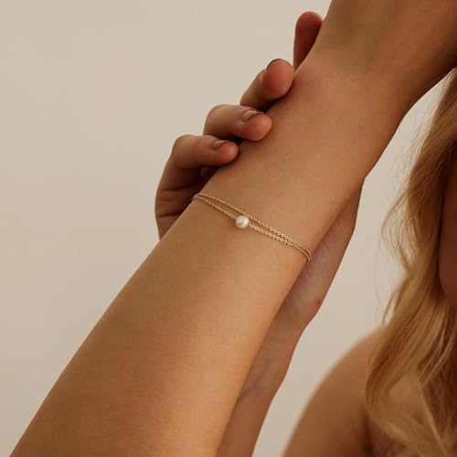 SLOONG Gold Pearl Bracelets for Women Trendy, 14K Gold Plated Dainty Stackable Layered Chain Bridesmaid Bracelets, Waterproof Wedding Jewelry for Women Adjustable 6"+2" - color: Style1(Pearl)