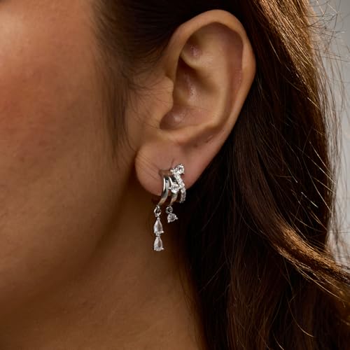 Triple Huggie Stacked Earrings for Women Gold Chain Drop Dangle Earrings Cute Statement CZ Earrings Trendy Dainty Jewelry Gift - color: Silver 7
