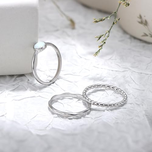 MILACOLATO 3Pcs 925 Sterling Silver Rings for Women Men 18K White Gold Plated Thumb Pinky Knuckle Stackable Rings High Polished Hammered Twisted Opal Band Rings Set Comfort Fit Size 5 to 9
