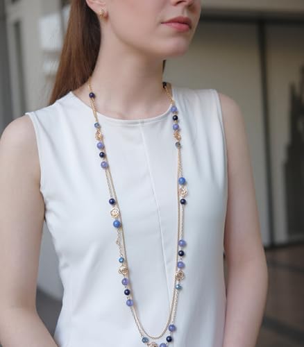 FULU AUTUMN Boho Gold Long Necklaces for Women Natural Stone Beaded Layered Long Necklace Mothers Day Gifts Dainty Flower Costume Jewelry for Women - color: Dark Blue