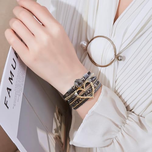 Leather Wrap Bracelet for Women, Boho Cuff Bracelet with Strong Clasp, Multi-Layer Crystal Leather Bracelet for Valentine Mother's Day - color: 01-Heart-Grey