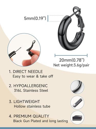 Stainless Steel Chunky Hoop Earrings For Women, Minimalist and Chic, Black/Gold Plated, Round Hoops Earrings Hypoallergenic, Size: 30mm/40mm/60mm/80mm, Come with Box - color: 1. Black, size: 20MM