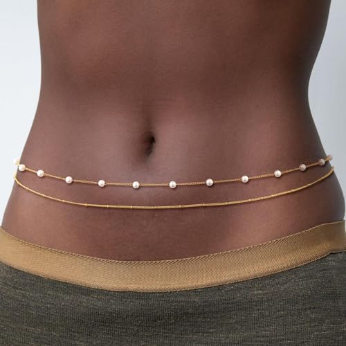 YBO Waist Chain 18K Gold Plated Body Jewelry for Women Adjustable Bikini Belly Belt Sexy Waist Beads Summer Beach - style: Pearl+Beads-G