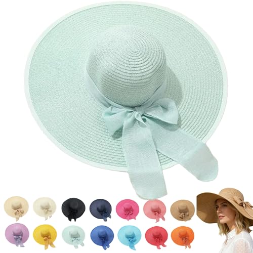 Women’s Straw Sun Hat Wide Brim Packable - Boho Beach Hat for Summer Vacation, Poolside Relaxation and Tropical Travel - color: Light Green