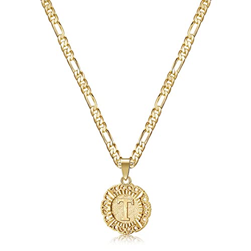 KissYan Initial Necklaces for Women, 14K Gold Plated Round Letter Pendant Capital Monogram Necklace Alphabets from A-Z Figaro Chain Jewelry - color: Gold, style: T