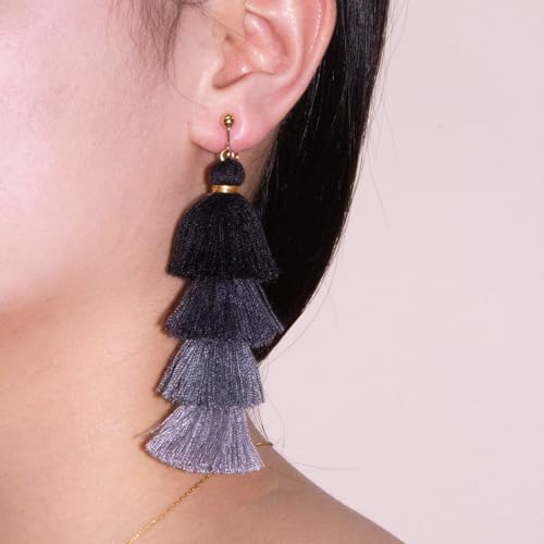 Clip on Earrings, Lightweight Colorful Layered Tassel Bohemian Statement Tiered Big Dangle Drop Earrings for Women, Non Pierced, Boho Jewelry - color: Black