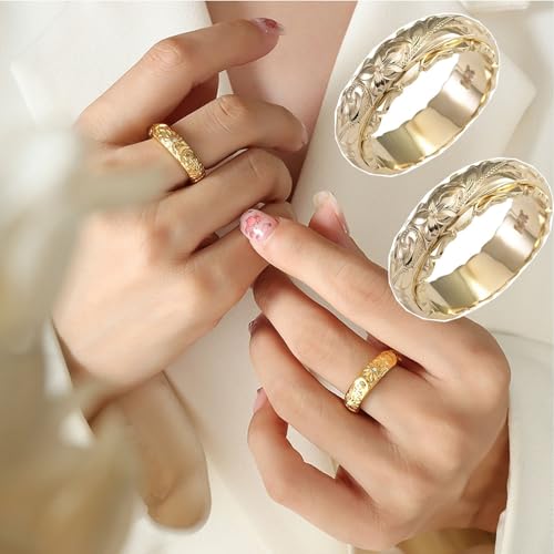 Dainty Engraved Plumeria Flower Ring, 14K Gold Plated Hawaiian Princess Plumeria Flower Scroll Promise Ring Stackable Wedding Engagement Band Jewelry for Women or Men - color: Gold