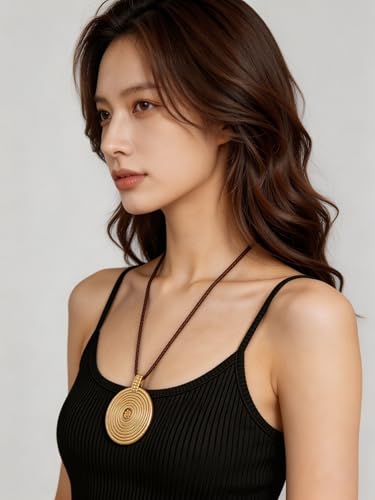Kelake Leather Necklace for Women Men Teen Vinatge Boho Alloy Pendant Choker Jewelry Fashion Sweater Necklaces with Adjustable Genuine Leather Chain - color: Gold Concentric Circle Pendant Necklace