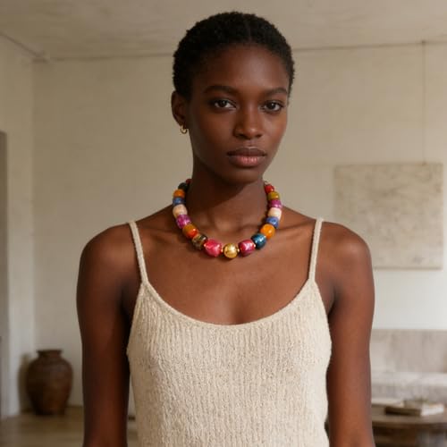 Colorful Beaded Choker Necklace for Women Boho Large Square Acrylic Beaded Necklace Adjustable Surfer Beach Strand Necklces Summer Jewelry Accessories - color: Mixed color