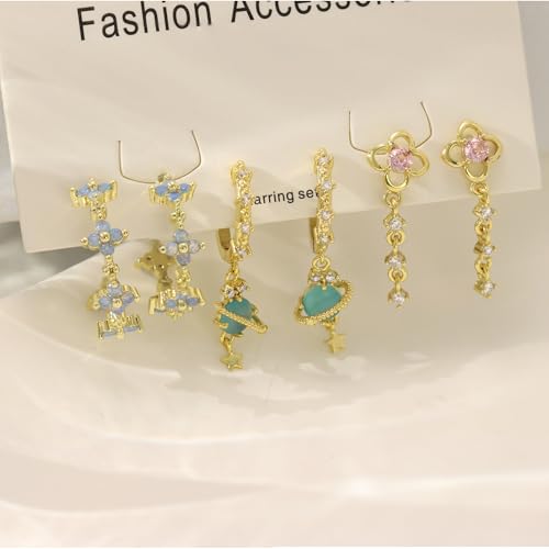 6 Pcs/6 Pairs Hypoallergenic 925 Sterling Silver Stud Post 14K Gold Earrings for Women Moon Star Hoop Stackable Cubic Zirconia Chain Dangle Earring Set Stacks for Multiple Piercings - color: Gold Flower Planet