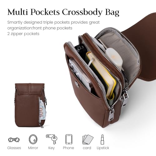 befen Genuine Leather Small Crossbody Bags for Women, Multi Pocket Cell Phone Crossbody Purse with RFID Blocking Card Slots - color: Dark Brown