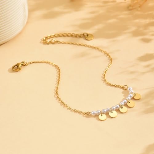 Anklet Bracelets for Women 18K Gold Plated Tennis Anklets Dainty Sapphire Paperclip Pearl Sequin Droplet Adjustable Large Anklet Bracelets Simple Beach Summer Waterproof Foot Jewelry - color: Pearl Sequin-Gold