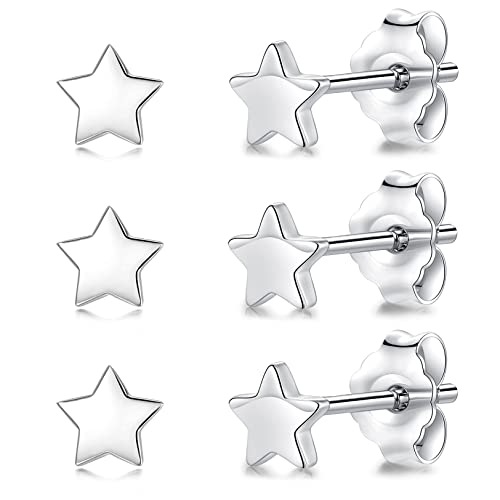 3 Pairs 925 Sterling Silver Star Stud Earrings for Women,Tiny Simple Geometric Stud Earrings Set Small Hypoallergenic Cartilage Tragus Ear Jewellery for Men (3/4/5mm) - color: 06 Silver-3 Pairs-5mm