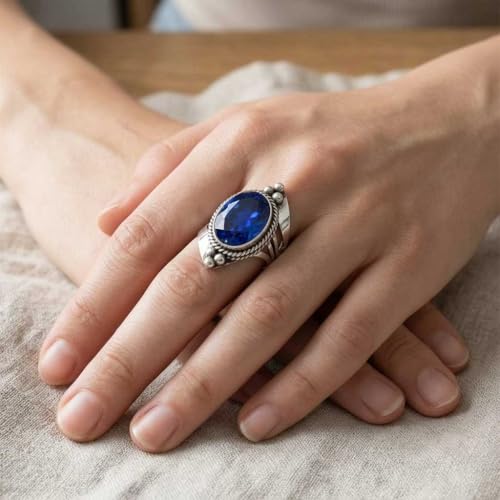 Handmade 925 Sterling Silver Plated Ring Natural Gemstone Carnelian, Rose Quartz, Tiger Eye, Crystal Oval Boho Jewelry For Women - color: Blue Sapphire Simulated
