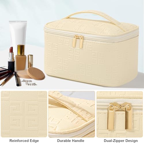 Meiyuuo Makeup Bag Large Cosmetic Bags for Women Girls Cute Travel Zipper Pouch Toiletry Organizer for Beauty Essentials Waterproof (Light Beige) - color: Embossing Beige