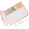 Iqimott Chenille Letter Clear Bag Beach Pouch, Monogram PVC & PU Makeup Cosmetic Bag Zipper Toiletry Pouch, Waterproof Portable Travel Snack Wristlet Bags for Women Girls(Beach, Pink) - color: Beach-Pink