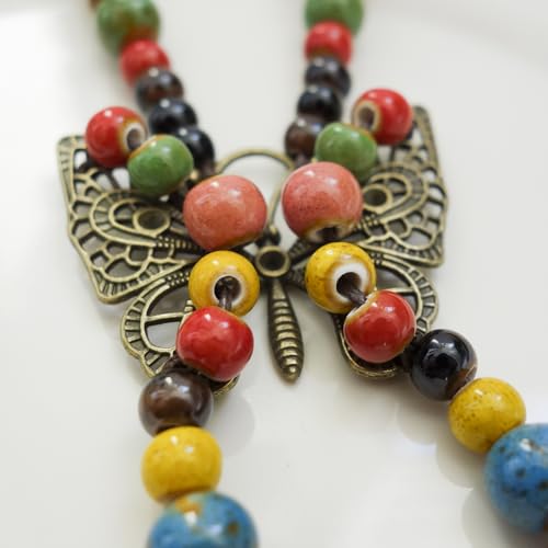 Boho Colorful Ceramic Bead Necklace for Women, Butterfly Pendant Necklace, Handmade Bohemian Statement Jewelry Gifts for Mom - color: Multi