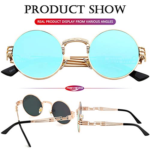 AIEYEZO Round Steampunk Sunglasses for Men Women Retro Circle Hippie Glasses Metal Frame 100% UV Blocking Lens - color: 2 Pack (Gold/Blue Mirror, Gold/Red)