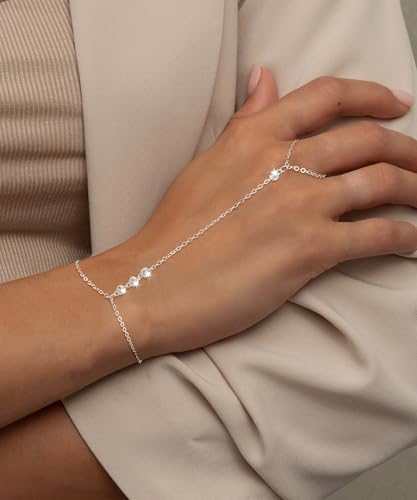 Rotnso Hand Chain Bracelet for Women Dainty 14K Gold/Silver Plated Ring Chain Diamond Cubic Zirconia CZ Beaded Station Bracelet Trendy Simple Fashion Body Jewelry Waterproof Gifts for Her - style: 4 CZ-SL
