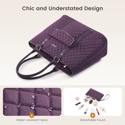 LOVEVOOK Laptop Tote Bag for Women 15.6 Inch,Waterproof Computer Bag for Laptop for Womens,Quilted Travel Work Tote Bags for Women,Stylish Laptop Bag Purse with Luggage Sleeve for Teacher,Nurse,Office - color: Purple(quilted)-2, size: 15.6 Inch