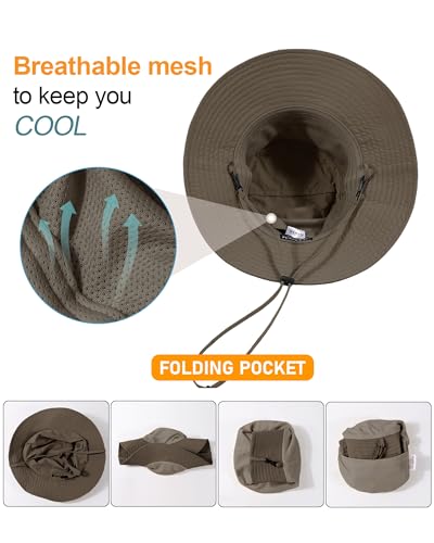 Womens Ponytail Sun Hat Packable UPF50+ Waterproof Bucket Hat Hiking Fishing Safari Hat Foldable Beach Hat - color: Coffee