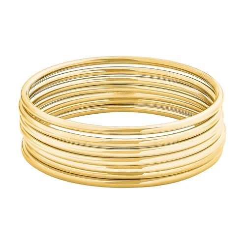 Glossy Thin Round Bangle Bracelet Set for Women, Set of 7 - color: Gold